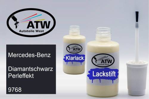 Mercedes-Benz, Diamantschwarz Perleffekt, 9768: 20ml Lackstift + 20ml Klarlack - Set, von ATW Autoteile West.